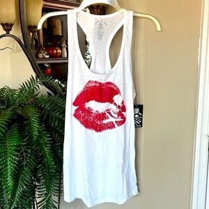 Brand New Cartel Ink White Racerback Tank Top Red Lips Skull Crossbones Punk